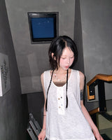 (2color) Mismatched Button Neck Slub Sleeveless Tee