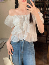 #Cancan Puff Shirring Short Sleeve Blouse (2color)