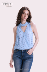 Blue Dot Scarf Sleeveless Blouse