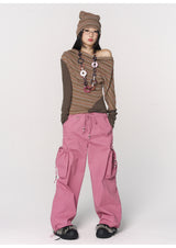 CONFUN Asymmetrical off-the-shoulder, laid-back and slimming base layer, striped knitted patchwork top