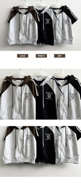 Coming Two-Way Line Coloring Short Sleeve Hooded Zip-Up