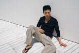 Contrast ribbed henley long Sleeve(Black)