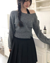 Chippo Button Boat Neck Wool Crop Knit