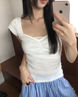 ハートネックパンチングキャップスリーブシャーリング半袖Tシャツ