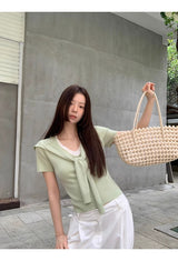 グリーンレイヤードVネックショートスリーブニットTシャツ