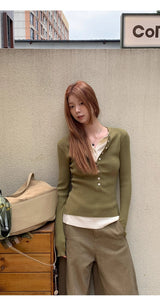 high-neck button bold ribbed loose fit knitwear