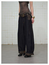 Ethnic Pattern Curved Washed Denim Pants