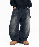 Curved Double Knee Denim Pants - Black
