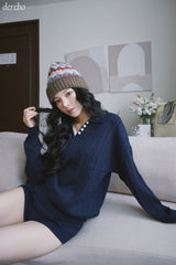 Twisted collar knit pants two-piece set