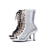 Mesh Lace-Up Open Toe Heel(Black)