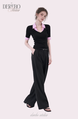 Pink black steady collar V top