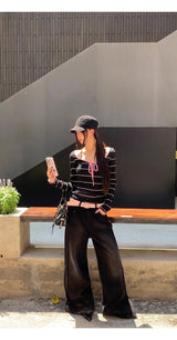 Pink strap striped striped long-sleeved t-shirt