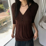 Pamil Vintage V-neck Button Pleated 3/4 Short Sleeve T-Shirt