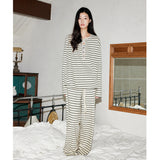 Striped multi-colored button Henley collar terry cloth T-shirt pajamas loungewear set