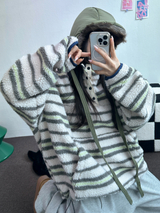ストライプフリースワンサイドストリングアノラックニットスウェット 💙🩶🧡3COLOR