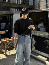 Waffle diagonal button crop long-sleeve t-shirt