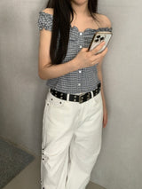 Aaron Check Off-Shoulder Ruffle Blouse  ​