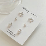 [3-Set] Simple Cross Pearl Earring Set / Daily Cubic Mini Wedding Guest Look