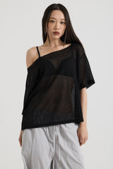 ニットワンショルダーTシャツ, Black