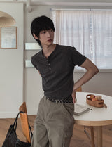 Rib shawl patch henley neck short sleeve t-shirt