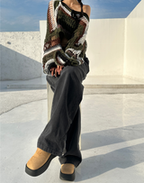 BOW LOOSE-FIT LAYERED NET SOFT CROPPED COLOR-BLOCK KNIT - 2 COLOR