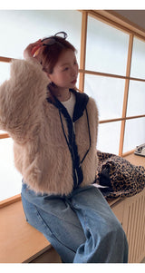 Eyes Hooded Layered Fur Zip-Up Jacket