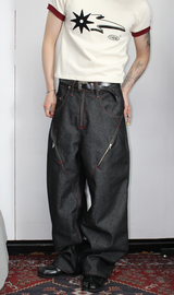 [Hand-Made "003"] Zipper & Flower Black Denim Pants