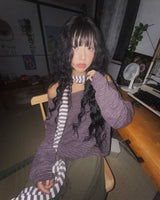 (3color) リボンストライプオフショルダーニットTシャツ