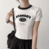 Franker Fluffy Lettering Neck Coloring Cropped Short Sleeve T-shirt (3 colors)