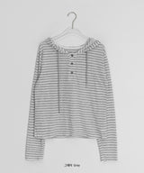 サユストライプボタンフード長袖Tシャツ