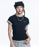 レイヤードロールアップクロップドTシャツ - ブラック