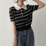 Classic Mood Stripe Car knit Short-sleeved T-shirt