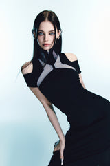 Mesh Cross Point Mermaid Dress Long (black) 