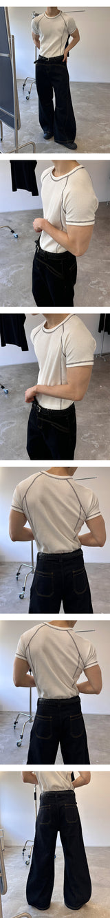 [MUSCLE FIT] ステッチワッフルハーフTシャツ(3color)