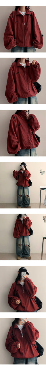 Baggle Oversized Corduroy Embroidery High-Neck Zip-Up