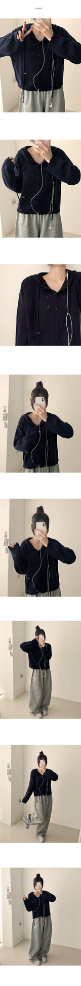 Flow Flower Punched Hooded Knitted Cardigan