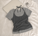 スリムフィット キッチ ホルター レイヤード ショートスリーブ Tシャツ(3 Colors)