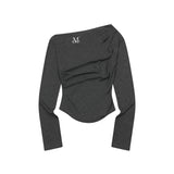 リブレオフショルダーアンバランス長袖Tシャツ (3Color)