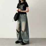 Andy Knee Damage Cutting Deep Washed Denim Wide Pants