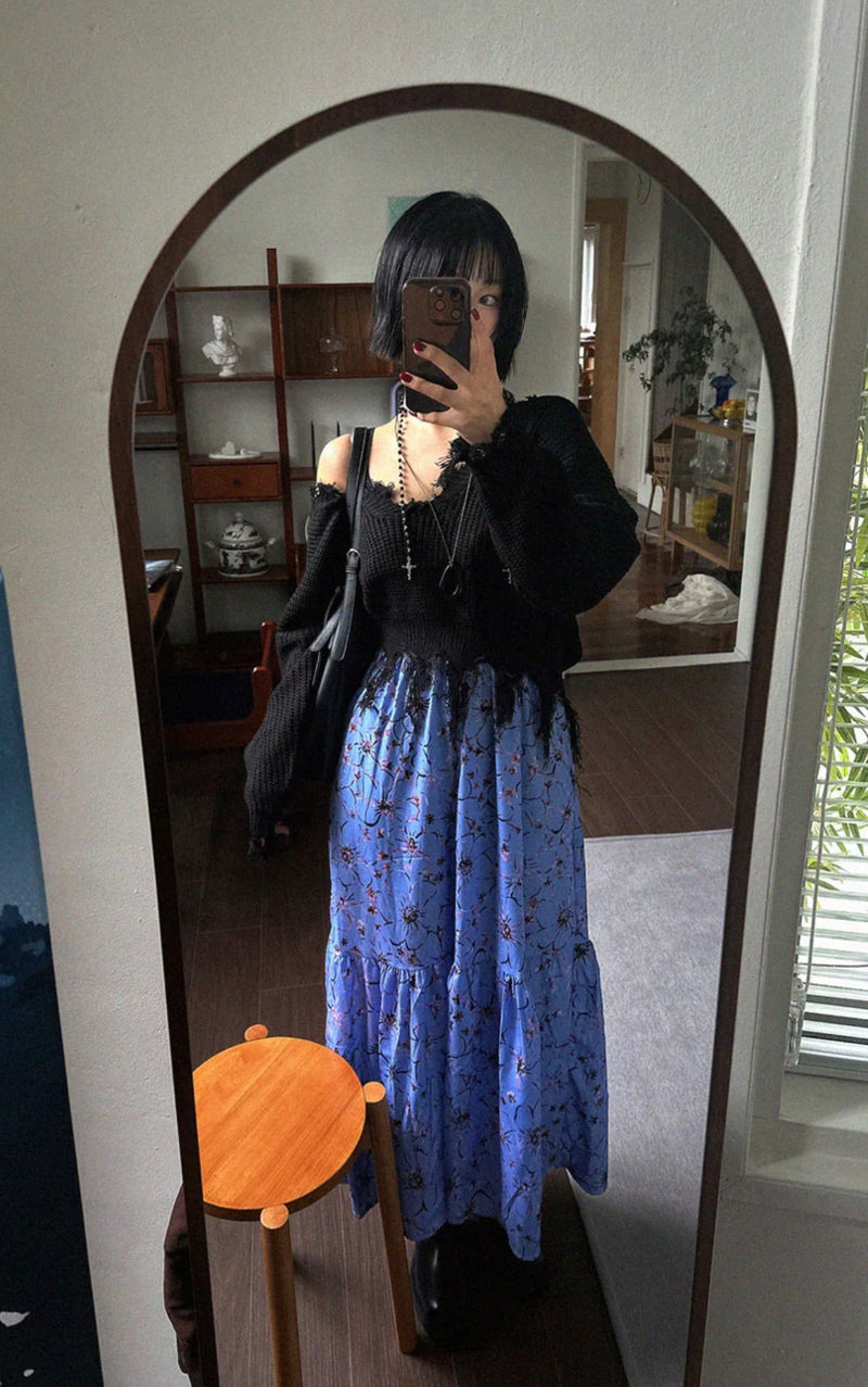 フリンジVネックニットトップ (BLACK)