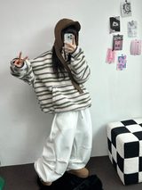 ストライプフリースワンサイドストリングアノラックニットスウェット 💙🩶🧡3COLOR