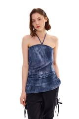 POCKET PRINTING HALTERNECK DRESS / BLUE