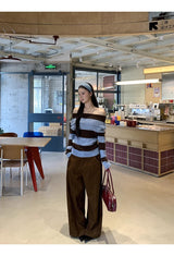 wool mohair stripe off-shoulder long-sleeved knitwear