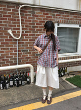 [unisex] カラニルチェックロールアップ半袖シャツ