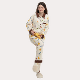 オータム ブラウン リーフアンドフローラル プリント パジャマセット - 100% Brushed Cotton Plush Sleepwear