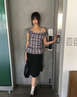 Benha Checkered Puff Sleeveless Blouse