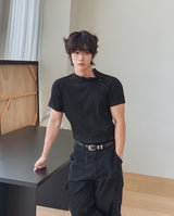 スロウリーボタンマッスルフィットリブドショートスリーブTシャツ