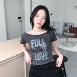 フォルムワンショルダーホットフィックスアンバランスハーフTシャツ
