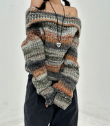 SNOWFLAKE COLOR-BLOCK BROWN OFF-SHOULDER LONG-SLEEVE KNIT