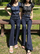 Selvedge denim spandex high waist bootcut pants (Denim)